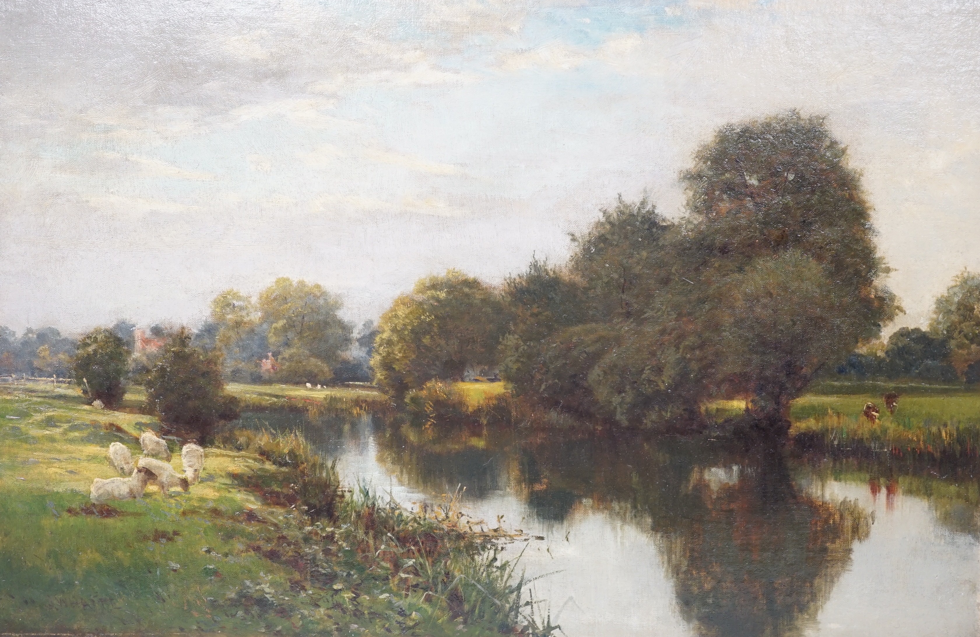 Robert Thorne Waite RWS (1842-1935), oil on canvas, Sheep grazing alongside a river, signed, unframed, 32 x 48cm